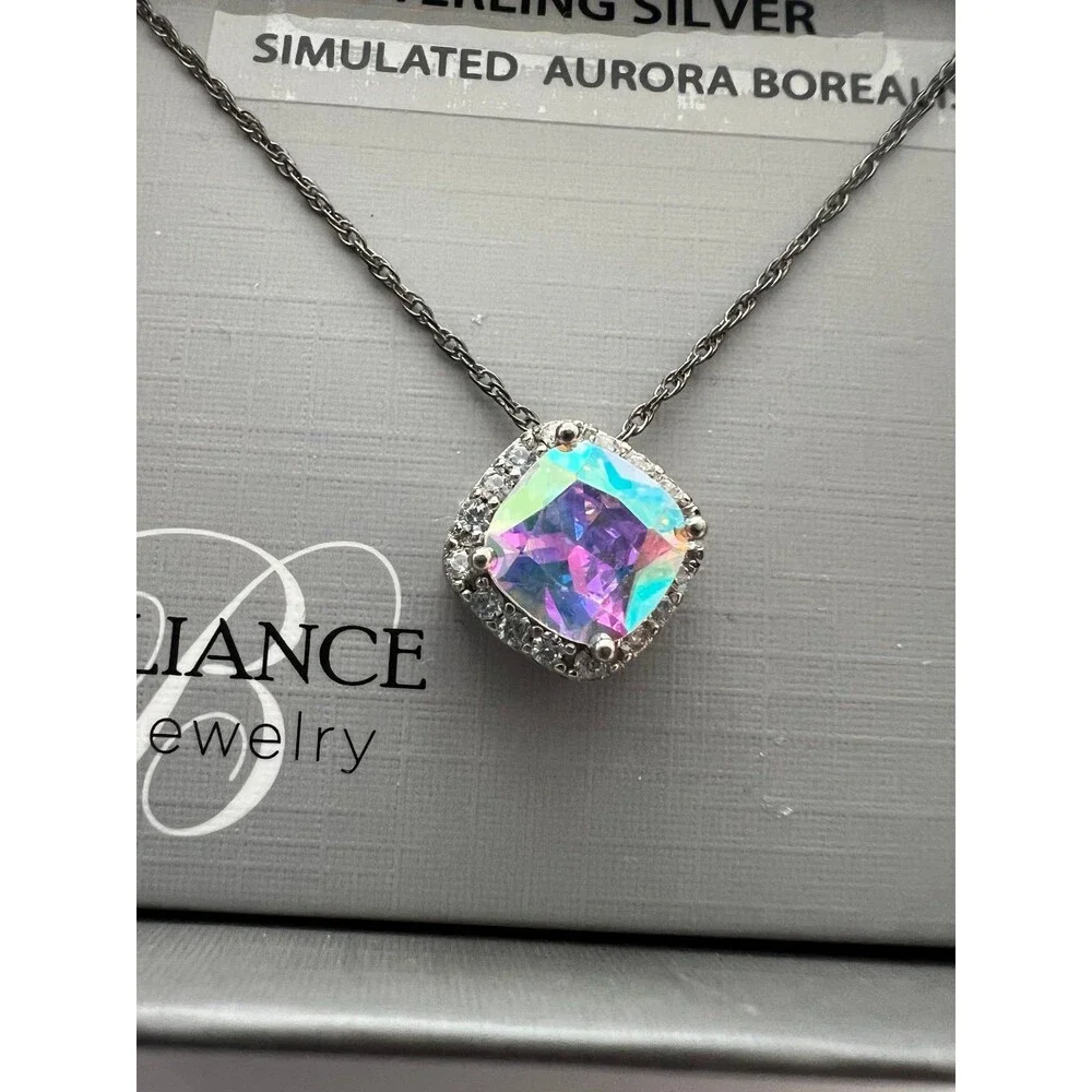 Sterling Silver necklace simulated Aurora Borealis crystal halo pendant New